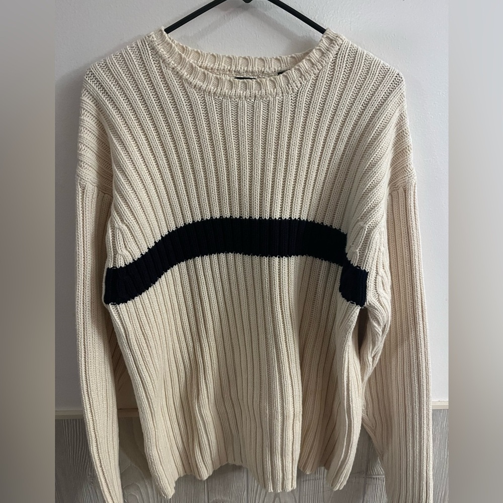 Vintage 90s GAP Ribbed Knit Sweater Cream Black Stripe Classic Minimalist Large